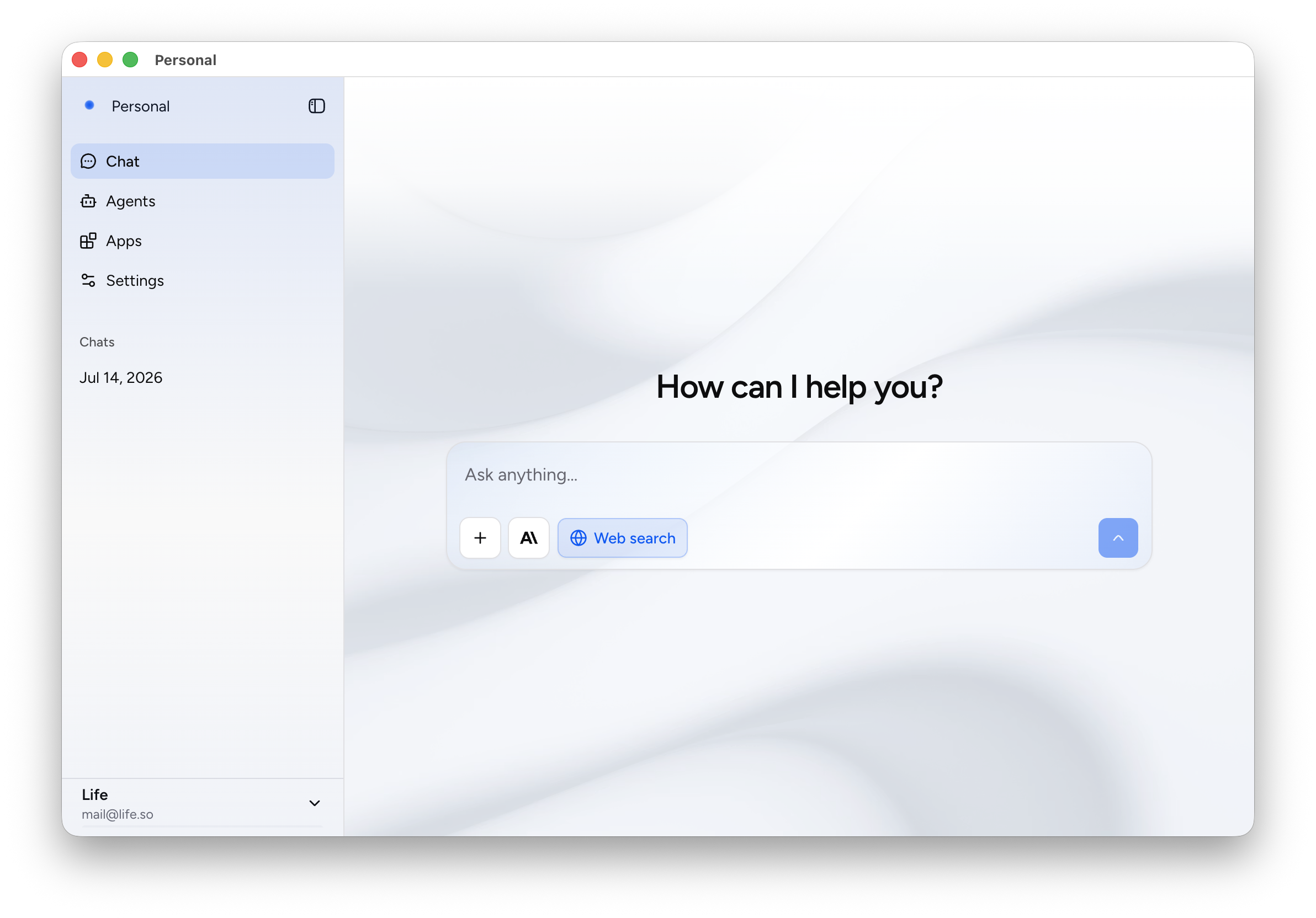 Product screenshot of the Life chat interface